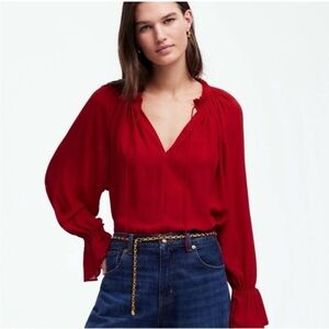 Long-Sleeve Tie-Neck Top in Red